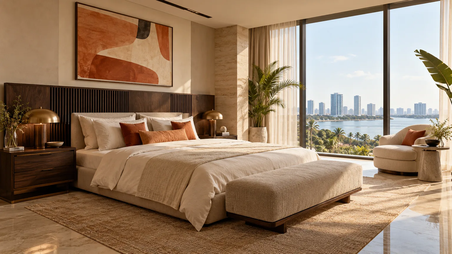 Sunlit bedroom in the fictional Amber Suite